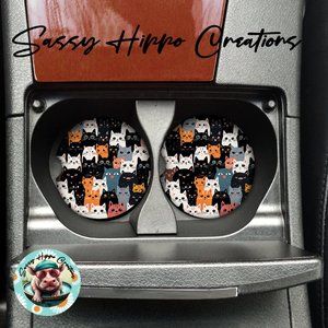 Car Coasters Cats Kittens Cat Lady Life Set of 2 Neoprene Absorbent Sassy Hippo